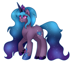 Size: 1280x1107 | Tagged: safe, artist:dazzlingmimi, izzy moonbow, pony, unicorn, g5, boot, crystal, darkened coat, darkened hair, ethereal hair, evil smile, female, horn, jewelry, mare, nightmare moonbow, nightmarified, simple background, smiling, solo, starry hair, tiara, transparent background