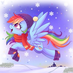 Size: 2048x2048 | Tagged: safe, artist:galaxy swirl, rainbow dash, pegasus, pony, g4, clothes, cute, dashabetes, eye clipping through hair, female, flying, happy, hat, high res, mare, open mouth, open smile, outdoors, profile, scarf, side view, smiling, snow, snowfall, snowflake, solo, spread wings, tree, wings, winter