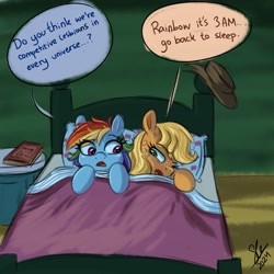 Size: 1280x1280 | Tagged: safe, artist:galaxy swirl, applejack, rainbow dash, earth pony, pegasus, pony, g4, applejack's hat, bed, blanket, book, cowboy hat, dialogue, duo, duo female, eye clipping through hair, female, freckles, hat, in bed, indoors, lesbian, looking at each other, looking at someone, lying down, lying on bed, mare, on bed, open mouth, pillow, ship:appledash, shipping, speech bubble, talking