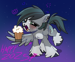 Size: 1723x1430 | Tagged: safe, artist:doodlesinky, oc, oc only, oc:inky doodles, pegasus, pony, 2025, alcohol, blaze (coat marking), blushing, chest fluff, chest marking, cider, coat markings, complex background, dizzy, drink, drunk, ear piercing, facial markings, freckles, happy, happy new year, heterochromia, holiday, lip piercing, looking at you, new year, nonbinary, nose piercing, pegasus oc, piercing, stars, text, unshorn fetlocks, wing hands, wings