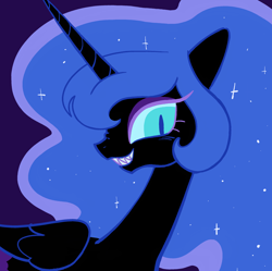 Size: 2048x2040 | Tagged: safe, artist:risswm, nightmare moon, alicorn, pony, g4, ethereal mane, female, grin, high res, horn, mare, missing accessory, nose wrinkle, sharp teeth, slit pupils, smiling, solo, teeth