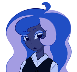 Size: 1990x1864 | Tagged: safe, artist:risswm, princess luna, vice principal luna, human, equestria girls, g4, alternate clothes, alternate hair color, blue eyeshadow, bust, eyebrows, eyebrows visible through hair, eyeshadow, female, lidded eyes, looking at you, makeup, pony coloring, redesign, simple background, solo, white background