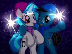 Size: 5618x4252 | Tagged: safe, alternate version, artist:agkandphotomaker2000, dj pon-3, vinyl scratch, oc, oc:pony video maker, pegasus, pony, unicorn, g4, bipedal, canon x oc, clothes, female, folded wings, happy new year, hat, holiday, horn, levitation, magic, magic aura, male, night, red eyes, scarf, ship:videoscratch, shipping, show accurate, sparkler (firework), straight, telekinesis, tongue out, wings, winter hat