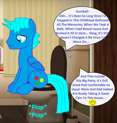 Size: 1720x1800 | Tagged: safe, artist:memeartboi, pegasus, pony, g4, bathroom, but why, daydream, emoji, gentle, gumball watterson, handsome, imminent flush, implied pooping, indoors, male, neat, older, onomatopoeia, pegasus wings, plop, ponified, reflection, sitting, sitting on toilet, smiling, solo, sound effects, speech bubble, stallion, text, the amazing world of gumball, toilet, toilet humor, wings