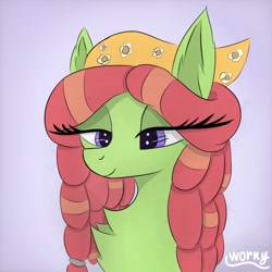 Size: 2048x2048 | Tagged: safe, artist:worny, tree hugger, earth pony, pony, g4, abstract background, bandana, bedroom eyes, bust, chest fluff, dreadlocks, dreads, ear fluff, eye clipping through hair, eyelashes, female, friendly, hippie, multicolored mane, portrait, purple background, purple eyes, relaxing, shadow, signature, simple background, smiling, solo