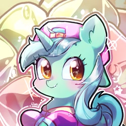 Size: 2048x2048 | Tagged: safe, artist:izuchi, lyra heartstrings, pony, unicorn, g4, backwards ballcap, baseball cap, cap, clothes, hat, horn, reverse cap, solo