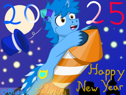 Size: 2240x1700 | Tagged: safe, artist:💎blue, oc, oc only, oc:blueshield, pony, unicorn, 2025, clinging, festive, fireworks, france, full moon, happy new year, hat, holiday, horn, male, moon, night, riding, rocket, stallion, top hat, wide eyes