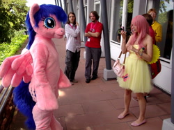 Size: 4288x3216 | Tagged: safe, firefly, fluttershy, human, galacon, g1, g4, 2012, clothes, cosplay, costume, fursuit, group, irl, irl human, outdoors, photo, ponysuit, quartet