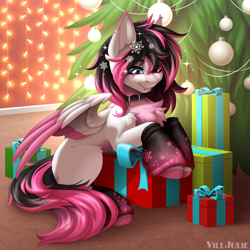 Size: 2000x2000 | Tagged: safe, artist:villjulie, oc, oc only, oc:lunylin, pegasus, pony, chest fluff, christmas, christmas decoration, christmas lights, christmas presents, christmas tree, collar, colored wings, female, heterochromia, holiday, indoors, mare, multicolored wings, pegasus oc, present, solo, sparkles, tree, wings