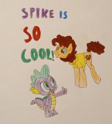 Size: 1262x1393 | Tagged: safe, artist:aa68., derpibooru exclusive, cheese sandwich, spike, dragon, pony, g4, 2025, cute, duo, duo male, male, open mouth, simple background, smiling, thumbs up, traditional art, voice actor joke, weird al yankovic, white background