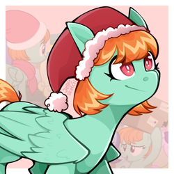 Size: 2000x2000 | Tagged: safe, artist:jellysketch, peppermint goldylinks, pegasus, pony, g4, christmas, female, friendship student, hat, holiday, mare, passepartout, santa hat, smiling, solo, wings