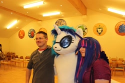 Size: 2074x1382 | Tagged: safe, artist:atalonthedeer, dj pon-3, vinyl scratch, human, g4, 2013, fursuit, indoors, irl, irl human, photo, ponysuit, trio, wwu