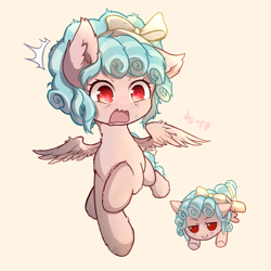 Size: 1840x1840 | Tagged: safe, artist:sherijinli, cozy glow, pegasus, pony, g4, beige background, bow, emanata, female, filly, foal, freckles, full body, fumo, hair ribbon, open mouth, plushie, reaction to own portrayal, ribbon, shocked, signature, simple background, solo, spread wings, sweat, sweatdrop, tail, tail bow, text, wings