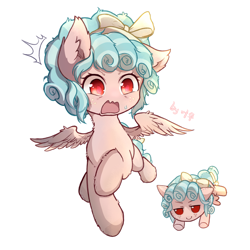 Size: 1840x1840 | Tagged: safe, alternate version, artist:sherijinli, cozy glow, pegasus, pony, g4, bow, emanata, female, filly, foal, freckles, full body, fumo, hair ribbon, open mouth, plushie, ribbon, shocked, signature, simple background, solo, spread wings, sweat, sweatdrop, tail, tail bow, text, white background, wings