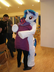 Size: 2736x3648 | Tagged: safe, artist:atalonthedeer, dj pon-3, vinyl scratch, human, g4, 2013, duo focus, fursuit, indoors, irl, irl human, photo, ponysuit, red eyes, wwu