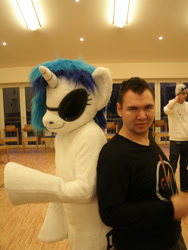 Size: 2736x3648 | Tagged: safe, artist:atalonthedeer, dj pon-3, vinyl scratch, human, g4, 2013, duo focus, fursuit, indoors, irl, irl human, photo, ponysuit, wwu