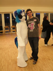 Size: 2736x3648 | Tagged: safe, artist:atalonthedeer, dj pon-3, vinyl scratch, human, g4, 2013, duo focus, fursuit, indoors, irl, irl human, photo, ponysuit, wwu