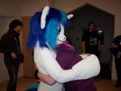 Size: 2304x1728 | Tagged: safe, artist:atalonthedeer, dj pon-3, vinyl scratch, human, g4, 2013, duo focus, fursuit, indoors, irl, irl human, photo, ponysuit, red eyes, wwu