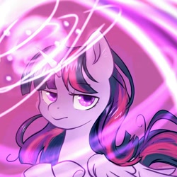 Size: 1080x1080 | Tagged: safe, artist:sherijinli, twilight sparkle, alicorn, pony, g4, abstract background, crossed hooves, female, glowing, glowing horn, horn, looking at you, magic, mare, solo, twilight sparkle (alicorn), upper body