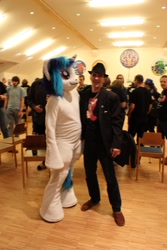 Size: 1382x2074 | Tagged: safe, artist:atalonthedeer, dj pon-3, vinyl scratch, human, g4, 2013, duo focus, fursuit, indoors, irl, irl human, photo, ponysuit, red eyes, wwu