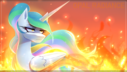 Size: 3000x1688 | Tagged: safe, artist:opal_radiance, daybreaker, princess celestia, alicorn, pony, equestria at war mod, g4, alternate hairstyle, eyebrows, female, fire, folded wings, frown, glowing, glowing eyes, high res, horn, mare, multicolored hair, signature, solo, wings