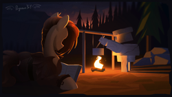 Size: 1920x1080 | Tagged: safe, artist:pegasusyay, oc, earth pony, golem, pony, alchemist, book, campfire, duo, fantasy, fantasy class, female, lying, lying down, mare, night, on side, outdoors, passepartout, reading, scenery, scenery porn