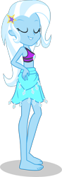 Size: 1346x3839 | Tagged: safe, alternate version, artist:dustinwatsongkx, edit, trixie, human, equestria girls, g4, accessory swap, bare arms, bare legs, bare shoulders, barefoot, bikini, bikini top, clothes, clothes swap, eyes closed, feet, female, grin, hairpin, hand on hip, hatless, long hair, midriff, missing accessory, multicolored hair, rarity's blue sarong, rarity's purple bikini, sarong, shirt, show accurate, simple background, skirt, sleeveless, sleeveless shirt, smiling, solo, swimsuit, swimsuit swap, teeth, transparent background, vector