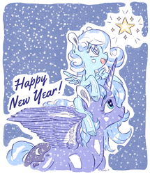 Size: 1885x2194 | Tagged: safe, artist:dacratei, princess luna, oc, oc:snowdrop, alicorn, pegasus, pony, snowdrop (animation), g4, child, duo, happy new year, holiday, snow, starry eyes, stars, wingding eyes