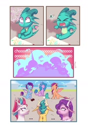 Size: 1240x1754 | Tagged: safe, artist:maxi_ponie, part of a set, hitch trailblazer, izzy moonbow, misty brightdawn, pipp petals, sparky sparkeroni, sunny starscout, zipp storm, dragon, series:dragon au, g5, ..., alternate universe, baby, baby dragon, be careful what you wish for, book, coat markings, comic, dracozipp, dragon family, dragon misty, dragoness, dragonified, drawing, eyes closed, female, floppy ears, freckles, glitter, hitchdragon, izzy moondrake, male, mane five, mane seven (g5), mane six (g5), mane stripe sunny, open mouth, part of a series, petaldragon, pony to dragon, post-transformation, rebirth misty, sitting, socks (coat markings), species swap, spellbook, spread wings, sunny dragonscout, sweat, sweatdrop, transformation, wings, wish