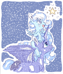 Size: 1508x1766 | Tagged: safe, artist:dacratei, princess luna, oc, oc:snowdrop, alicorn, pegasus, pony, snowdrop (animation), g4, child, duo, s1 luna, snow, starry eyes, stars, wingding eyes