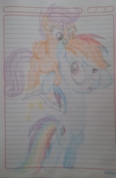 Size: 1021x1566 | Tagged: safe, artist:eiour, rainbow dash, scootaloo, pegasus, fanfic:i have no wings and i must fly, g4, alternate ending, amputee, drawing, fanfic, fanfic art, feather, flying, paper, scootaloo can fly, spread wings, wingless, wings