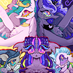 Size: 2000x2000 | Tagged: safe, artist:larvaecandy, princess celestia, princess luna, silverstream, star swirl the bearded, twilight sparkle, alicorn, hippogriff, pony, unicorn, vylet pony, g4, album cover, alternate eye color, beard, blue eyelashes, blue eyes, blue hair, blue sclera, blush lines, blushing, chest fluff, colored eyelashes, colored sclera, crown, ear fluff, ethereal mane, facial hair, facial markings, facing you, female, floppy ears, folded wings, gray coat, group, hat, high res, horn, jewelry, leg fluff, long mane, looking at you, mare, multicolored mane, multicolored sclera, necklace, open mouth, outline, peytral, pink eyes, pink feathers, pink sclera, profile, psychedelic, purple coat, purple eyes, purple sclera, quintet, raised hooves, regalia, royal sisters, shiny mane, siblings, sisters, smiling, sparkles, sparkly eyes, sparkly mane, starry mane, symmetrical, teal eyes, teal sclera, thick eyelashes, three toned mane, two toned hair, unicorn horn, white coat, wingding eyes, wings, wizard hat