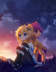 Size: 1900x2452 | Tagged: safe, artist:emeraldgalaxy, scootaloo, oc, oc:fears, human, pegasus, pony, g4, clothes, cloud, commission, crossover, duo, duo female, female, folded wings, human female, open mouth, outdoors, sitting, sky, smiling, starry night, stars, wings