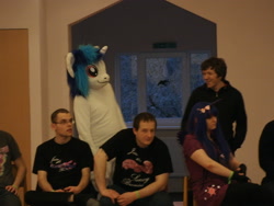 Size: 3648x2736 | Tagged: safe, artist:atalonthedeer, dj pon-3, vinyl scratch, human, g4, 2013, fursuit, group, indoors, irl, irl human, photo, ponysuit, quintet, red eyes, sitting, wwu