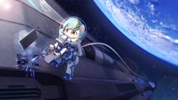 Size: 2450x1378 | Tagged: safe, artist:emeraldgalaxy, oc, oc only, oc:siriusnavigator, pony, commission, earth, maintenance, outdoors, solo, space, spacesuit, welding