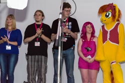 Size: 1024x681 | Tagged: safe, artist:atalonthedeer, oc, oc only, oc:canni soda, human, galacon, 2013, fursuit, group, indoors, irl, irl human, microphone, photo, ponysuit, quintet