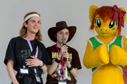 Size: 1024x681 | Tagged: safe, artist:atalonthedeer, artist:perrydotto, oc, oc only, oc:canni soda, human, galacon, 2013, fursuit, indoors, irl, irl human, microphone, photo, ponysuit, trio