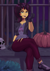 Size: 2480x3508 | Tagged: safe, artist:reminic, sunset shimmer, costume conundrum, costume conundrum: sunset shimmer, equestria girls, g4, my little pony equestria girls: choose your own ending, clothes, costume, crossed legs, eyeshadow, fangs, female, lidded eyes, looking at you, makeup, open mouth, outdoors, pumpkin, skull, solo, vampire costume, vampire shimmer