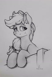 Size: 1816x2671 | Tagged: safe, artist:zeepheru, applejack, earth pony, pony, g4, female, fence, solo, traditional art