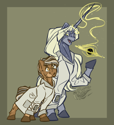 Size: 4000x4400 | Tagged: safe, artist:stardustspix, oc, oc only, oc:caramel, oc:cloud collapse, earth pony, pony, unicorn, absurd resolution, black hole, clothes, coat markings, female, horn, lab coat, magic, male, mare, passepartout, ponytail, raised hoof, scar, size difference, stallion