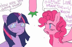 Size: 875x565 | Tagged: safe, artist:poniesinmyhead, pinkie pie, twilight sparkle, earth pony, pony, unicorn, g4, duo, duo female, female, glasses, holly, holly mistaken for mistletoe, horn, lesbian, needs more jpeg, ship:twinkie, shipping, sweat, unicorn twilight