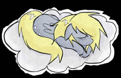 Size: 875x563 | Tagged: safe, artist:poniesinmyhead, derpy hooves, pegasus, pony, g4, black background, cloud, on a cloud, simple background, sleeping, sleeping on a cloud, solo