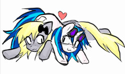 Size: 875x522 | Tagged: safe, artist:poniesinmyhead, derpy hooves, dj pon-3, vinyl scratch, pegasus, pony, unicorn, g4, duo, duo female, female, heart, horn, lesbian, ship:derpyscratch, shipping, simple background, smiling, white background