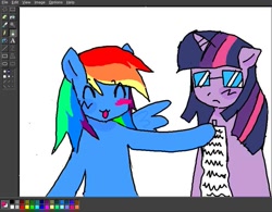 Size: 875x681 | Tagged: safe, artist:poniesinmyhead, twilight sparkle, pegasus, pony, unicorn, g4, art program in frame, blush sticker, blushing, duo, duo female, eyes closed, female, glasses, horn, ms paint, smiling, unicorn twilight