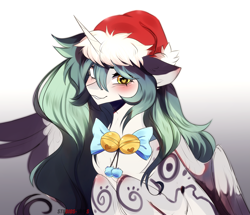 Size: 3733x3206 | Tagged: safe, artist:krissstudios, oc, oc only, alicorn, pony, blushing, christmas, colored wings, gradient background, hat, heart, heart eyes, holiday, horn, santa hat, solo, two toned wings, wingding eyes, wings