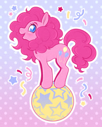 Size: 2048x2541 | Tagged: safe, artist:pinxpony, pinkie pie, earth pony, pony, g4, ball, gradient background, patterned background, solo