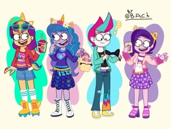 Size: 2080x1560 | Tagged: safe, artist:garybaldor, izzy moonbow, pipp petals, sunny starscout, zipp storm, human, equestria girls, g4, g5, bag, cellphone, clothes, cutie mark on clothes, denim, denim shorts, diadem, drink, equestria girls-ified, eyebrows, eyebrows visible through hair, female, g5 to equestria girls, g5 to g4, generation leap, group, headband, high heels, jacket, jeans, jewelry, long sleeves, mane stripe sunny, midriff, pants, phone, pipp's phone, question mark, regalia, ripped jeans, ripped pants, roller skates, shirt, shoes, shorts, signature, skates, skirt, smartphone, smoothie, sneakers, socks, sunglasses, sunglasses on head, torn clothes