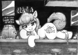 Size: 4639x3264 | Tagged: safe, artist:whiskeypanda, oc, oc only, oc:hopple scotch, earth pony, pony, bar, bar stool, barrel, bottle, commission, earth pony oc, evil smile, glass, grin, head on hoof, ink drawing, keg, looking at you, lying down, mirror, prone, shackles, smiling, tankard, traditional art