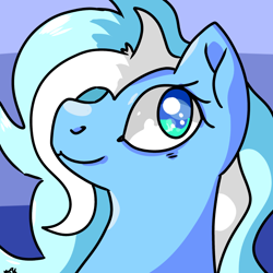 Size: 1280x1280 | Tagged: safe, artist:galactichooves, derpibooru exclusive, oc, oc only, oc:moraine terminus, earth pony, pony, g4, blue eyes, blue hair, blue pony, cute, eyelashes, female, head, icon, nostrils, request, requested art, smiling, solo, striped background