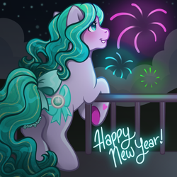 Size: 2400x2400 | Tagged: safe, artist:sparkytopia, december delight, earth pony, pony, g3, 3d cutie mark, blue hair, bow, facing away, female, fireworks, happy new year 2024, hoof heart, jewel birthday ponies, mare, night, open mouth, open smile, outdoors, purple coat, sky, smiling, solo, tail, tail bow, text, tinsel, underhoof